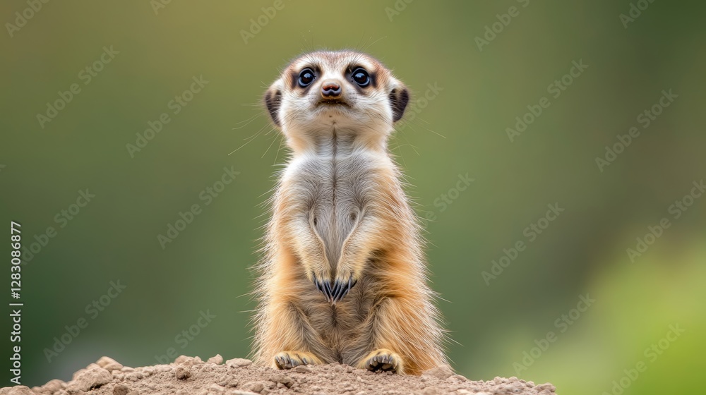 Meerkat (Suricata suricatta) standing upright, tiny paws folded, adorable expression, perfect green background isolation Meerkat (Suricata suricatta) standing upright, tiny paws folded, adorable expression, perfect green background isolation