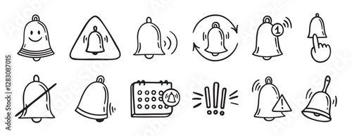 bell notification related doodle hand drawn icon set. Outline drawing bell line clipart symbol collection