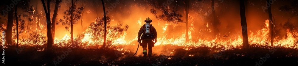 Fototapeta premium Firefighter battling wildfire dramatic orange flames and smoke surrounding the forest. Generative AI