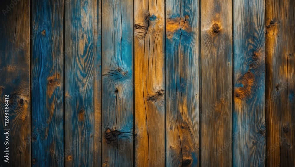 Fototapeta premium Colorful wooden wall background with blue and brown planks natural texture design Copy Space