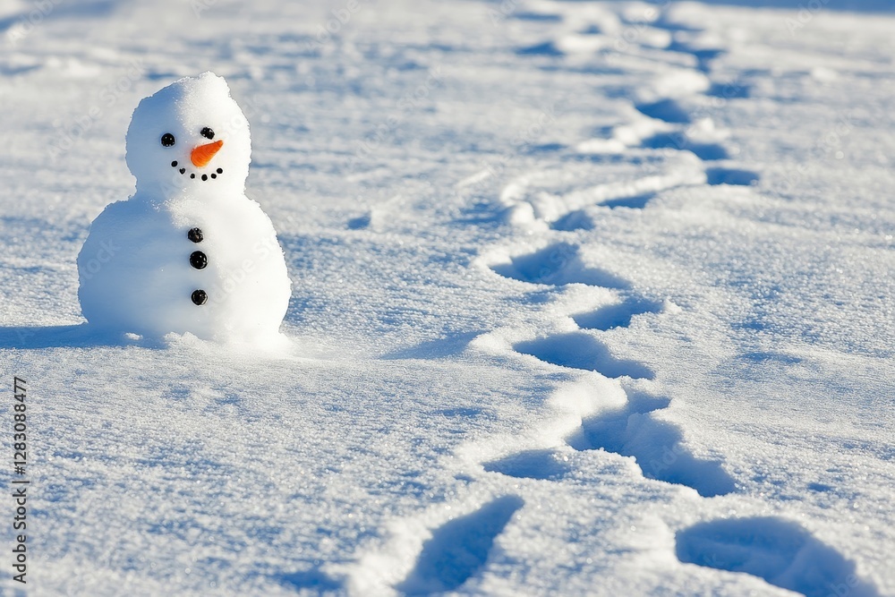 A child footprints in freshly fallen snow leading toward a snowman with a carrot nose and button eyes, A child footprints in freshly fallen snow leading toward a snowman with a carrot nose and button eyes,