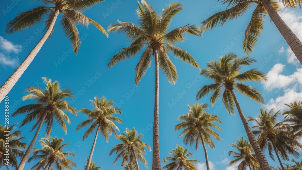 Fototapeta premium Palm trees against a bright blue sky with fluffy white clouds providing a tropical atmosphere and ample Copy Space for text placement