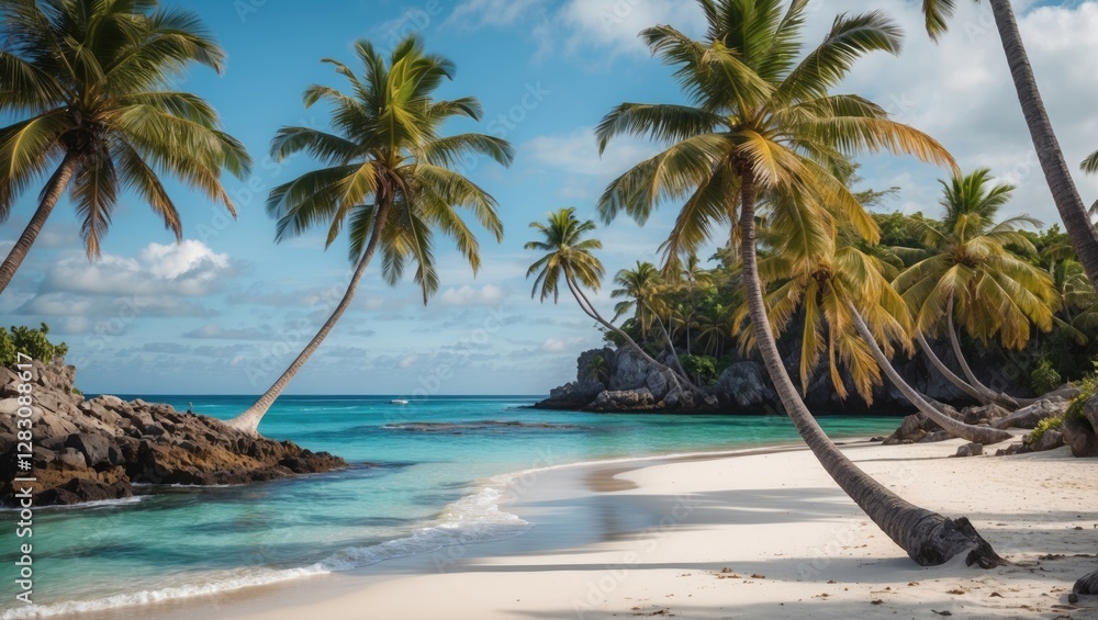 Tropical beach with palm trees and clear blue water under a bright sky in a picturesque island setting with Copy Space Tropical beach with palm trees and clear blue water under a bright sky in a picturesque island setting with Copy Space