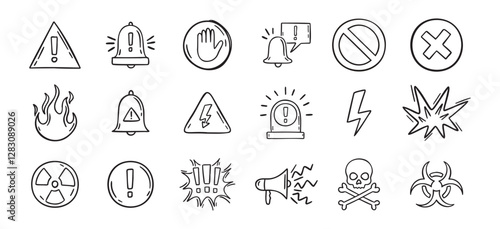 Warning doodle hand drawn icons set. Danger drawing sketch signs 