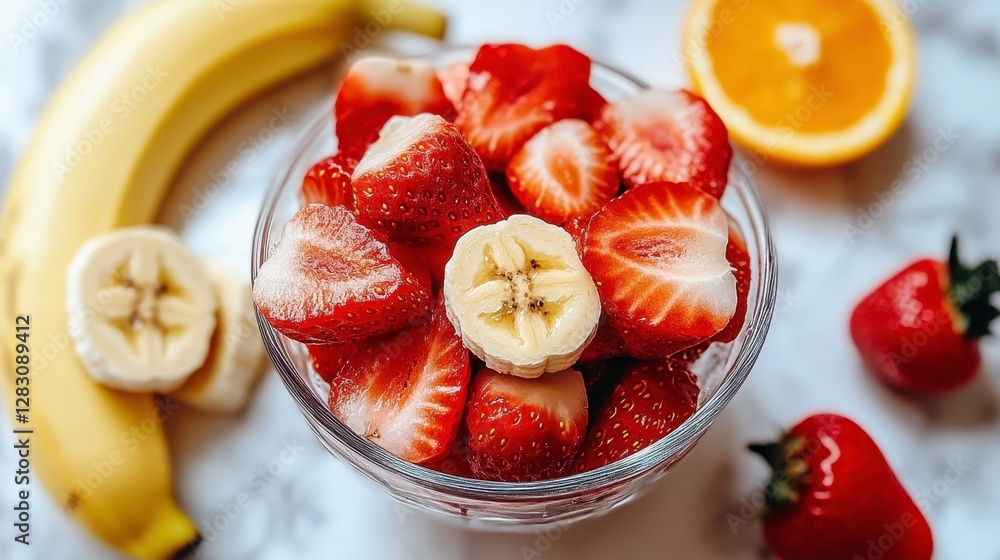 Fresh fruit salad preparation with strawberries bananas and oranges in a bright kitchen setting Fresh fruit salad preparation with strawberries bananas and oranges in a bright kitchen setting