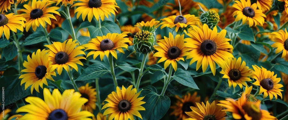 Field of vibrant yellow sunflowers with dark centers surrounded by green leaves in a lush garden setting. Close-up of blooming flowers. Field of vibrant yellow sunflowers with dark centers surrounded by green leaves in a lush garden setting. Close-up of blooming flowers.
