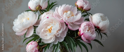 Pink peonies bouquet arranged in a glass vase with green leaves on a neutral background Copy Space photo