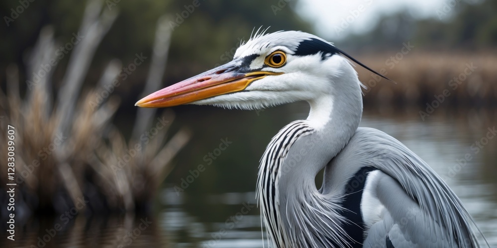 Close-up of a grey heron with striking features and sharp beak in natural wetland habitat blurred background Copy Space Close-up of a grey heron with striking features and sharp beak in natural wetland habitat blurred background Copy Space