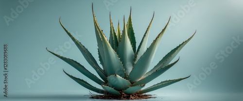 Agave plant with sharp leaves on a light blue background displaying natural textures and colors with Copy Space for text placement