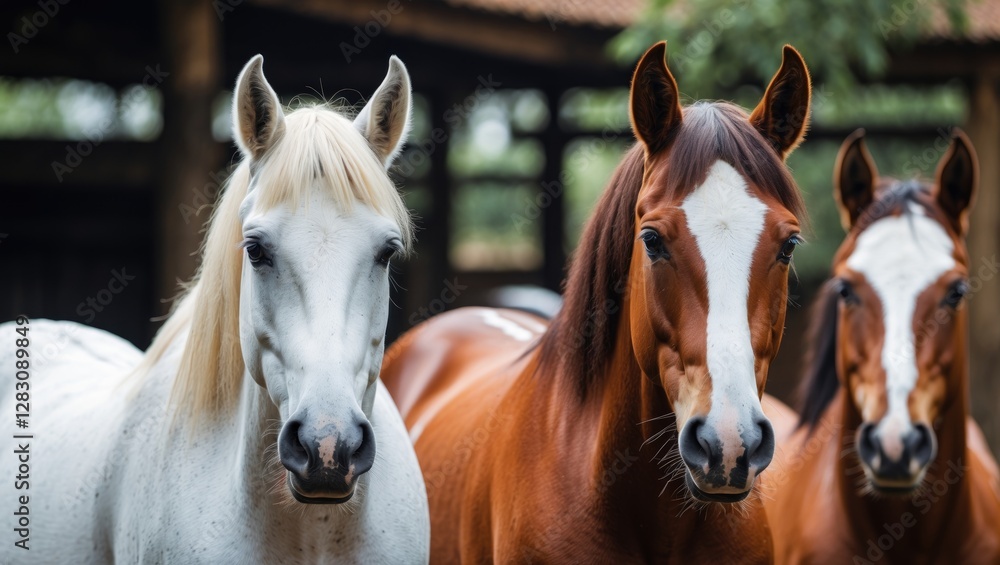 Naklejka premium Three horses standing side by side in a barn setting with blurred background and natural lighting showing distinct colors and textures.