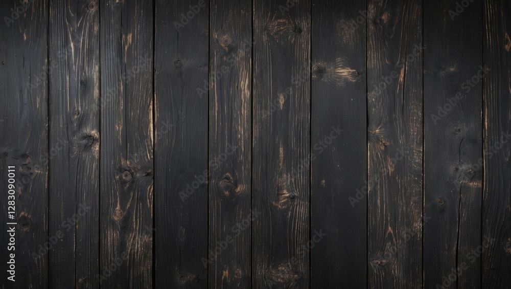 Black wooden planks background texture with visible grain and knots suitable for various design applications Black wooden planks background texture with visible grain and knots suitable for various design applications
