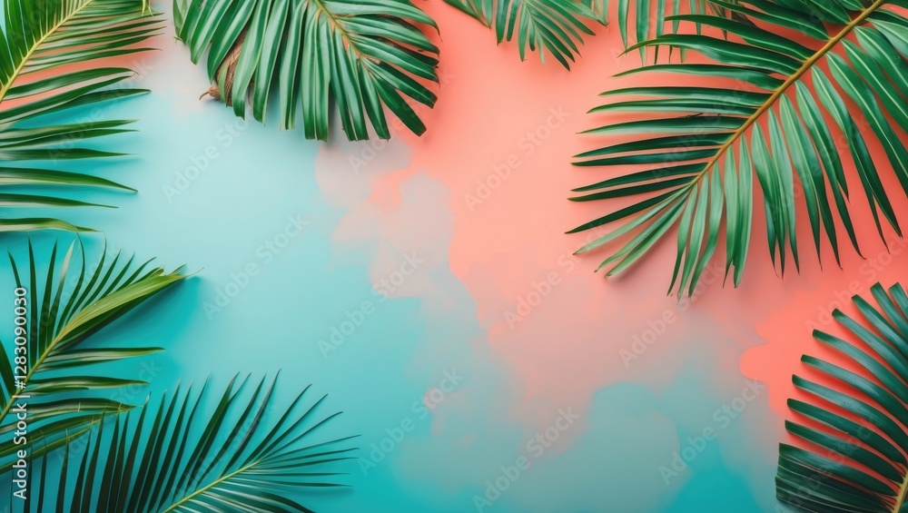 Tropical palm leaves on blue and coral gradient background with ample copy space for text insertion Tropical palm leaves on blue and coral gradient background with ample copy space for text insertion