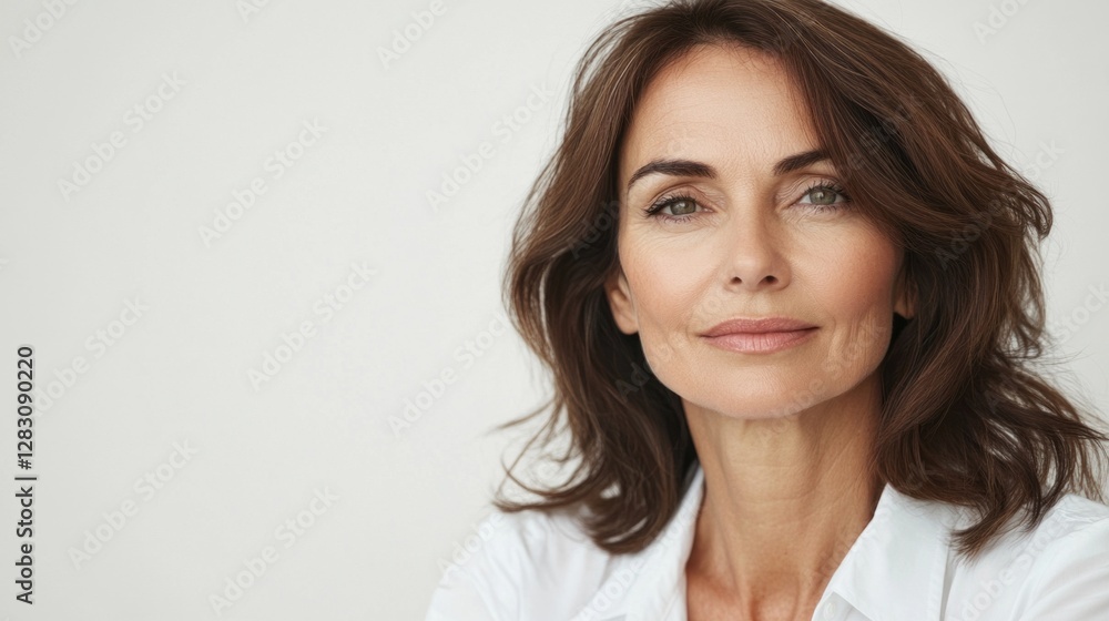 A beautiful mature woman with flowing hair and a warm expression smiles gently, her relaxed demeanor exuding confidence in a softly lit environment A beautiful mature woman with flowing hair and a warm expression smiles gently, her relaxed demeanor exuding confidence in a softly lit environment