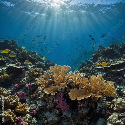 A peaceful coral reef ecosystem with sea fans, sponges, and fish swimming lazily through the water.