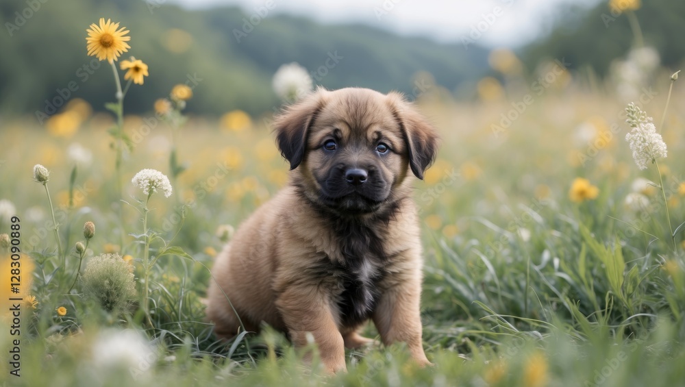 Cute puppy sitting in a field of wildflowers with bright yellow blooms and soft grasses, ideal for nature-themed designs, Copy Space Cute puppy sitting in a field of wildflowers with bright yellow blooms and soft grasses, ideal for nature-themed designs, Copy Space