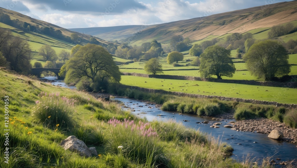 Lush green valley with flowing river and trees under dramatic cloudy sky in pastoral landscape Copy Space Lush green valley with flowing river and trees under dramatic cloudy sky in pastoral landscape Copy Space