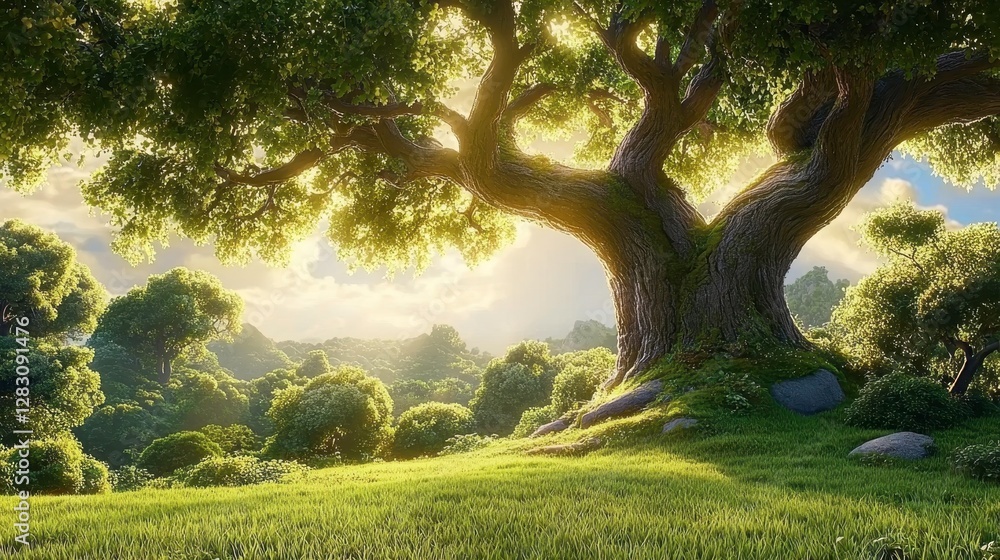 Naklejka premium Majestic tree standing tall in lush green forest nature photography serenity peaceful landscape