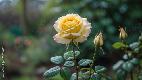 Yellow rose in full bloom with two unopened buds surrounded by lush green foliage in a garden setting Copy Space photo