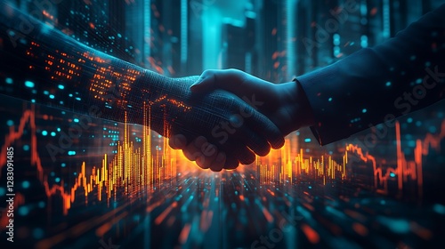 A conceptual representation of a strategic investment, showcasing a business handshake infused with AI-driven financial projections, glowing stock market graphs, cyber-futuristic skyscrapers,