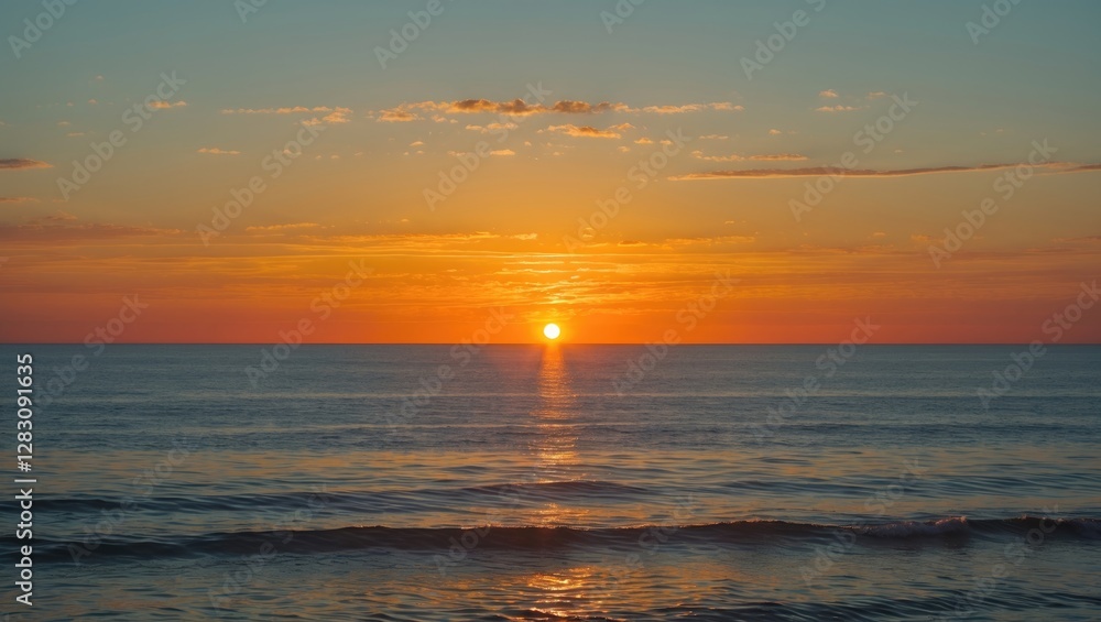 Sunset over calm ocean with reflection on water and colorful sky, peaceful seascape, natural beauty, Copy Space Sunset over calm ocean with reflection on water and colorful sky, peaceful seascape, natural beauty, Copy Space