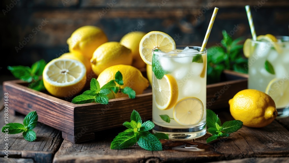 Fototapeta premium Refreshing lemonade with lemon slices and mint leaves on wooden table with fresh lemons in background and copy space