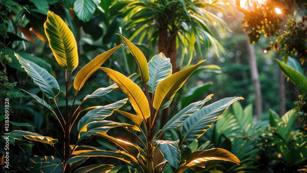 Obraz premium Tropical foliage with vibrant green leaves and warm sunlight filtering through a lush garden setting with Copy Space for text.