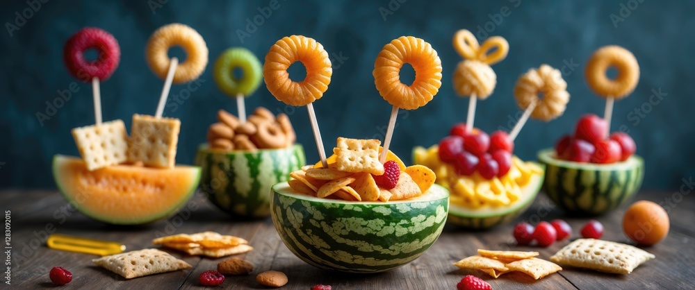 Colorful fruit and snack display in watermelon bowls with decorative food skewers and vibrant background, Copy Space available Colorful fruit and snack display in watermelon bowls with decorative food skewers and vibrant background, Copy Space available