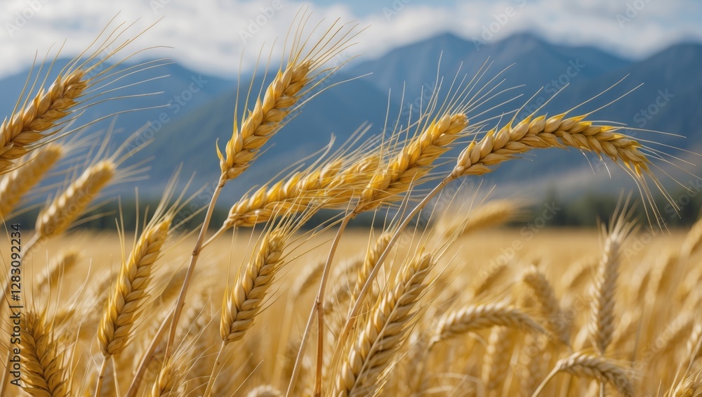 Golden wheat field with mountains in the background under a cloudy sky showcasing agricultural landscape and nature Copy Space Golden wheat field with mountains in the background under a cloudy sky showcasing agricultural landscape and nature Copy Space