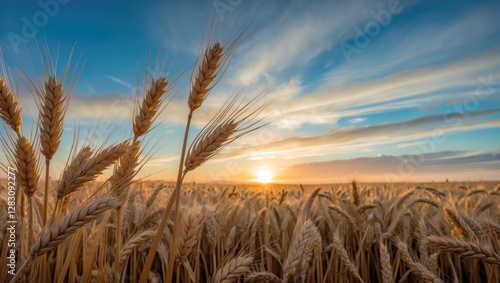 Wheat field at sunset with golden ears of wheat swaying in the wind under a blue sky and scattered clouds Copy Space photo