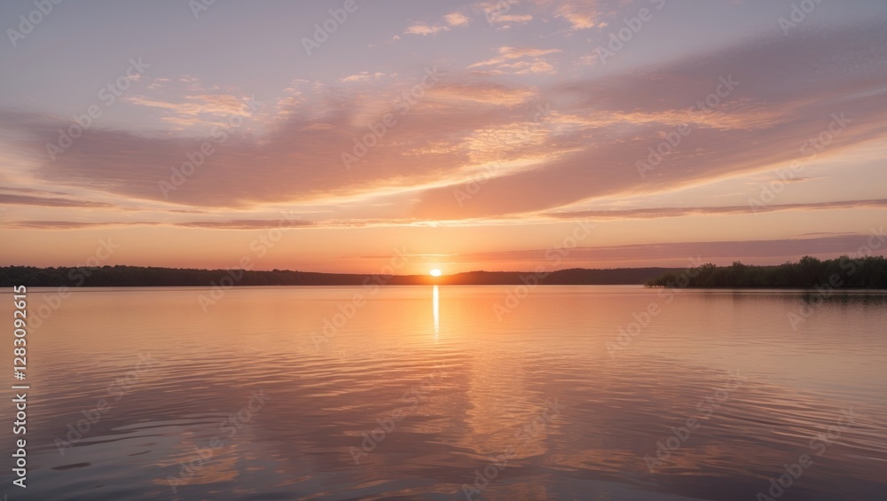 Sunset over calm lake with reflections in water and cloudy sky near horizon natural landscape with warm colors Copy Space Sunset over calm lake with reflections in water and cloudy sky near horizon natural landscape with warm colors Copy Space
