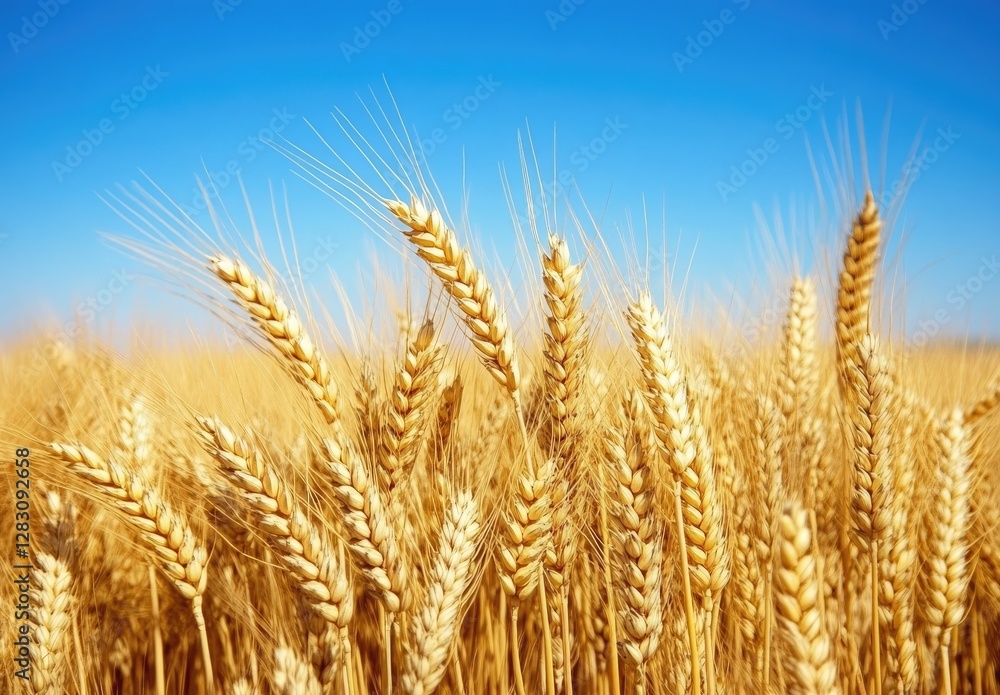 Fototapeta premium Golden wheat field under a vibrant blue sky