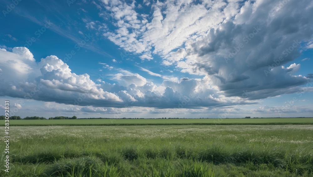 Obraz premium Vast green field under a dramatic sky with white clouds and blue background with ample Copy Space for text placement