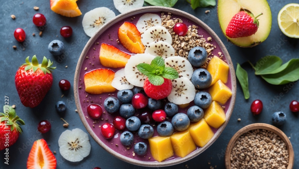 Colorful smoothie bowl with sliced fruits including banana, mango, strawberries, and blueberries garnished with mint leaves and seeds on a blue background. Colorful smoothie bowl with sliced fruits including banana, mango, strawberries, and blueberries garnished with mint leaves and seeds on a blue background.