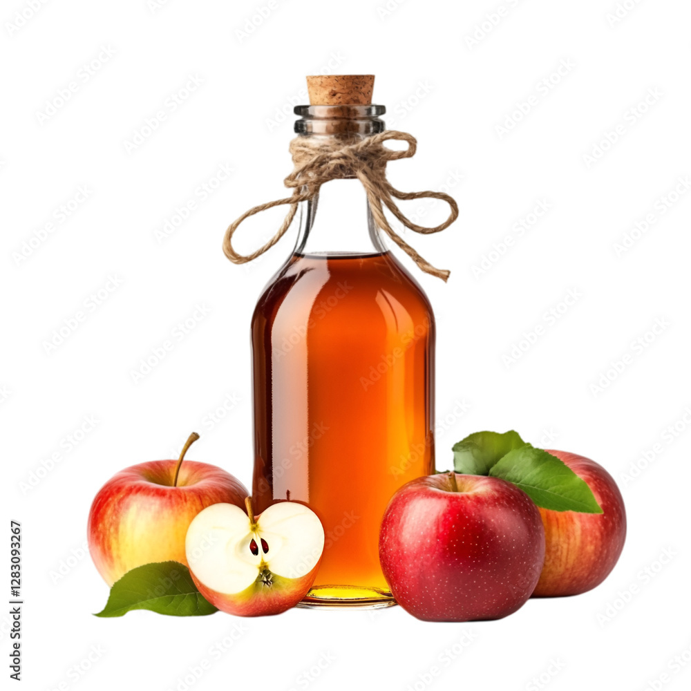 Glass bottle of apple vinegar with fresh apples Glass bottle of apple vinegar with fresh apples