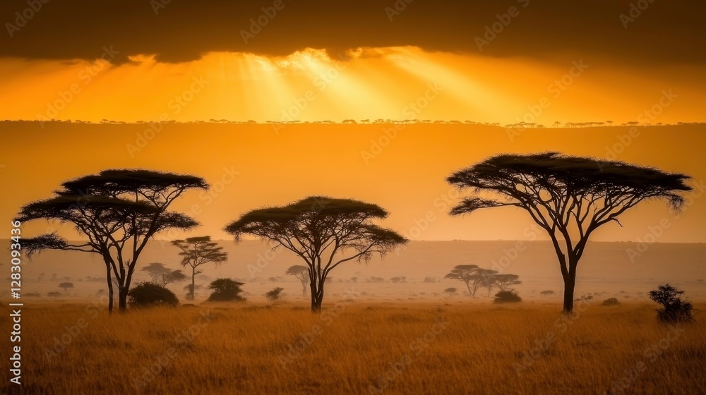 Obraz premium Majestic sunset over serengeti plains tanzania landscape photography natural environment wide angle view