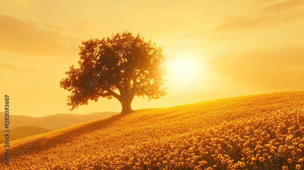 Golden sunrise over a serene field with flowering trees nature landscape photography tranquil environment aesthetic view