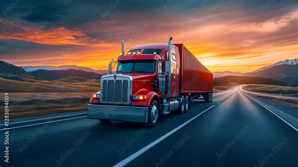 Red truck traveling on open highway during stunning sunset with mountains in background Red truck traveling on open highway during stunning sunset with mountains in background