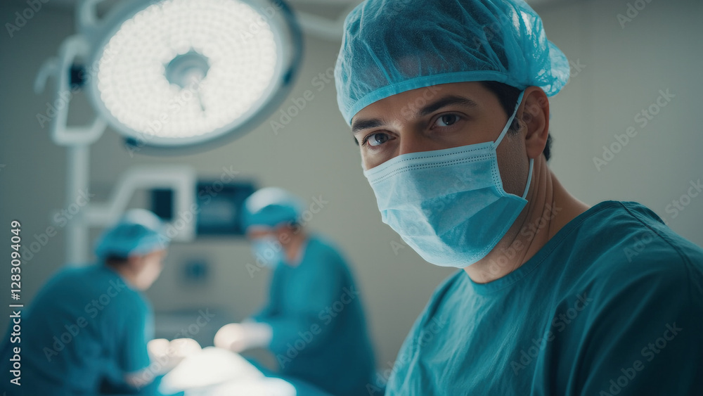 A close-up cinematic shot of a surgeon in a brightly lit operating room, wearing a turquoise surgical gown, cap, and face mask. A close-up cinematic shot of a surgeon in a brightly lit operating room, wearing a turquoise surgical gown, cap, and face mask.
