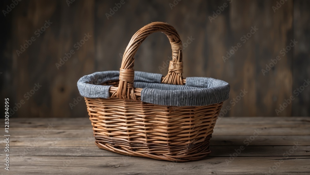Woven wicker basket with grey fabric liner on wooden surface against rustic background with ample copy space Woven wicker basket with grey fabric liner on wooden surface against rustic background with ample copy space