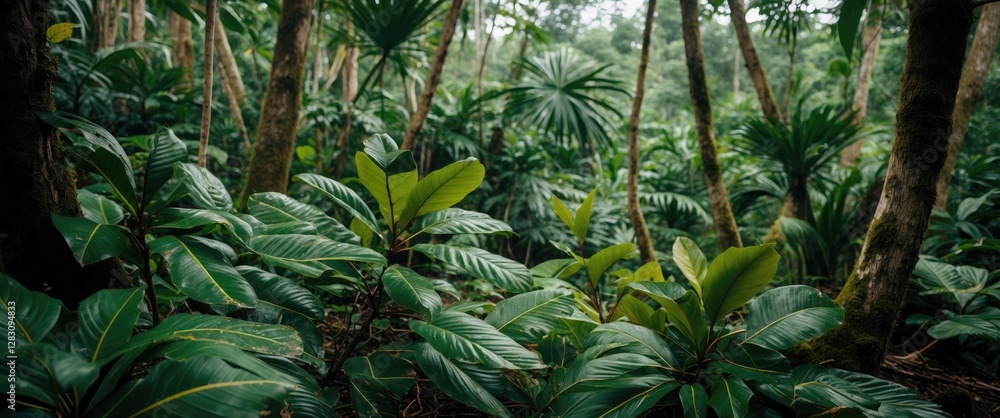 Fototapeta premium Lush tropical jungle with dense green foliage and towering palm trees, providing a rich natural environment, Copy Space