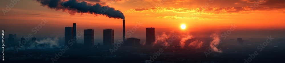 Industrial Smoke Rising Against a Sunset Sky in an Urban Landscape. Generative AI Industrial Smoke Rising Against a Sunset Sky in an Urban Landscape. Generative AI