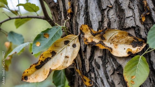 Close-up of damaged leaves on a tree trunk showing brown spots and discoloration with natural green foliage surrounding the bark. photo