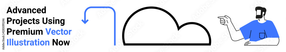 Man gesturing to curved cloud graphic with text promoting advanced vector projects. Ideal for creativity, design, technology, digital services, teamwork, online learning, flat landing page banner Man gesturing to curved cloud graphic with text promoting advanced vector projects. Ideal for creativity, design, technology, digital services, teamwork, online learning, flat landing page banner