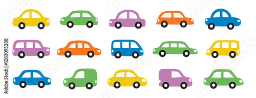 colorful cars set. Cute icons collection hand drawn doodle style for design of children kids room, clothes, fabric