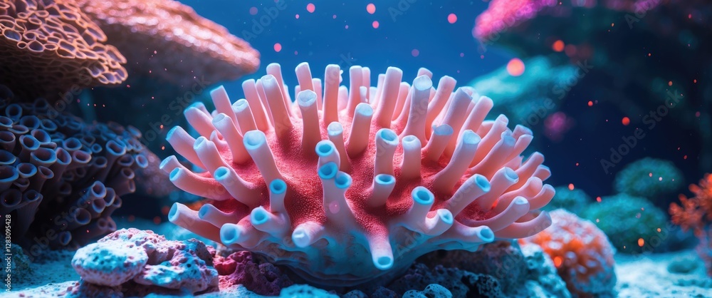 Obraz premium Vibrant underwater coral reef showcasing colorful marine life and intricate textures in an aquatic environment rich in biodiversity.
