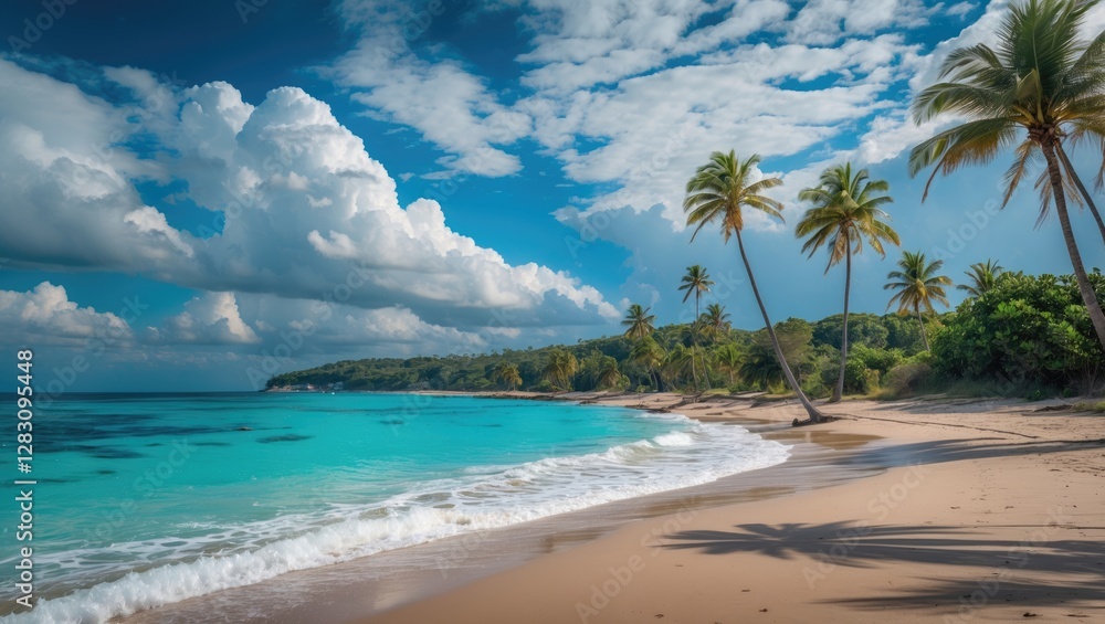 Tropical beach landscape with palm trees and turquoise water under a blue sky with clouds and distant vegetation Copy Space Tropical beach landscape with palm trees and turquoise water under a blue sky with clouds and distant vegetation Copy Space