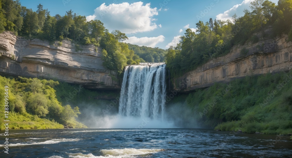 Fototapeta premium Waterfall cascading over rocky cliff surrounded by lush greenery and blue sky with clouds in a scenic natural landscape Copy Space