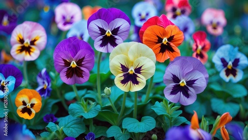 Colorful pansy flowers in a garden with various shades and patterns, vibrant floral display, bright natural colors, Copy Space photo