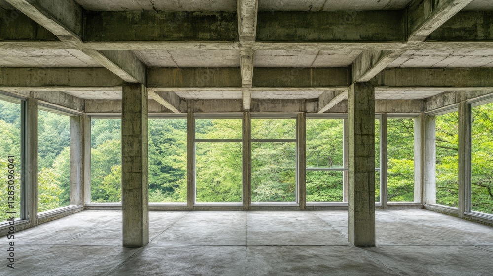 Suspended concrete beams forming the structure of a house, supported by pillars Suspended concrete beams forming the structure of a house, supported by pillars