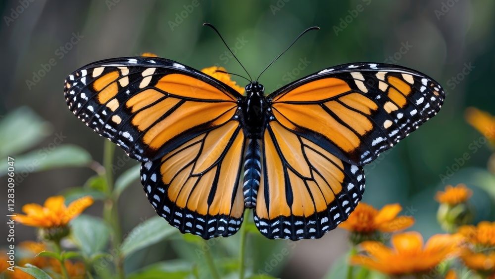Monarch butterfly Danaus genutia perched on vibrant flowers in a natural setting showcasing intricate wing patterns and colors. Monarch butterfly Danaus genutia perched on vibrant flowers in a natural setting showcasing intricate wing patterns and colors.